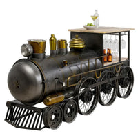 Railway engine inspired bar counter with industrial metal and wood finish, unique design by Foxfurn