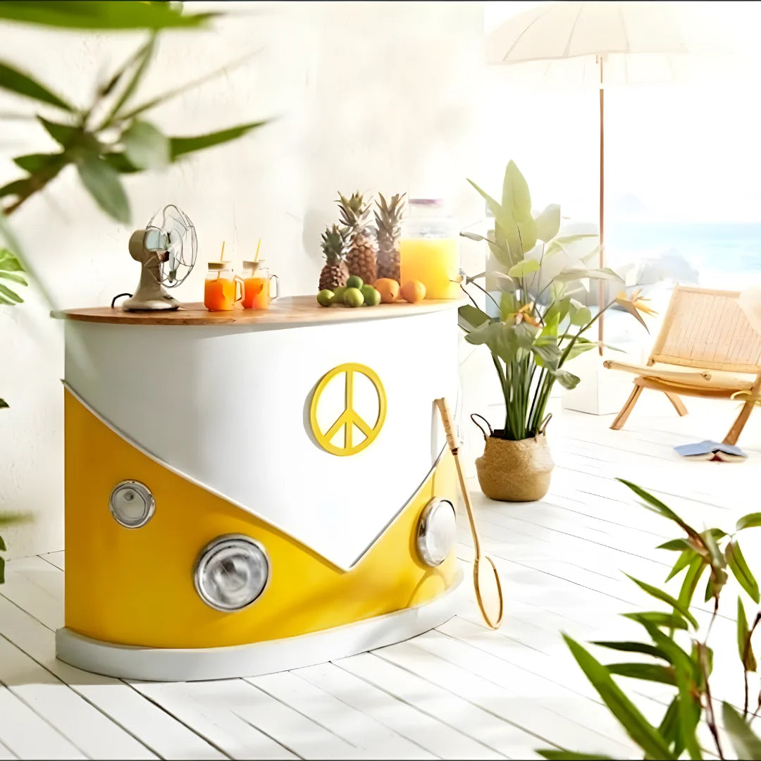 Vintage Kombi low top bar cabinet with storage shelves and unique automobile design by Foxfurn