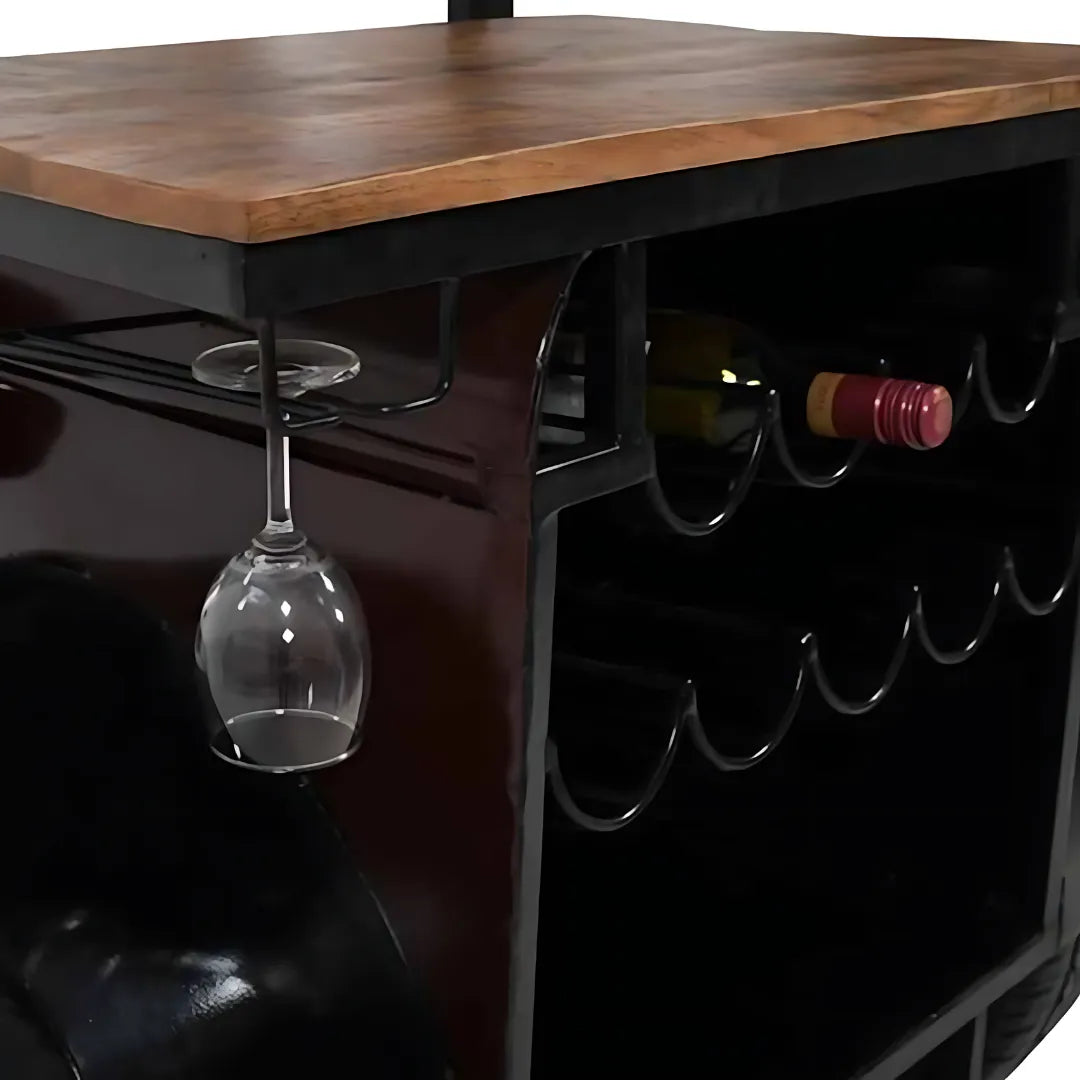 Industrial muscle truck bar cabinet with storage shelves and metal finish design by Foxfurn for home bars
