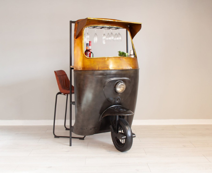 Tuk-tuk style home bar with glass holders
