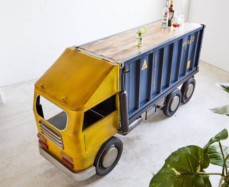 Unique truck bar table with cargo container for home décor.