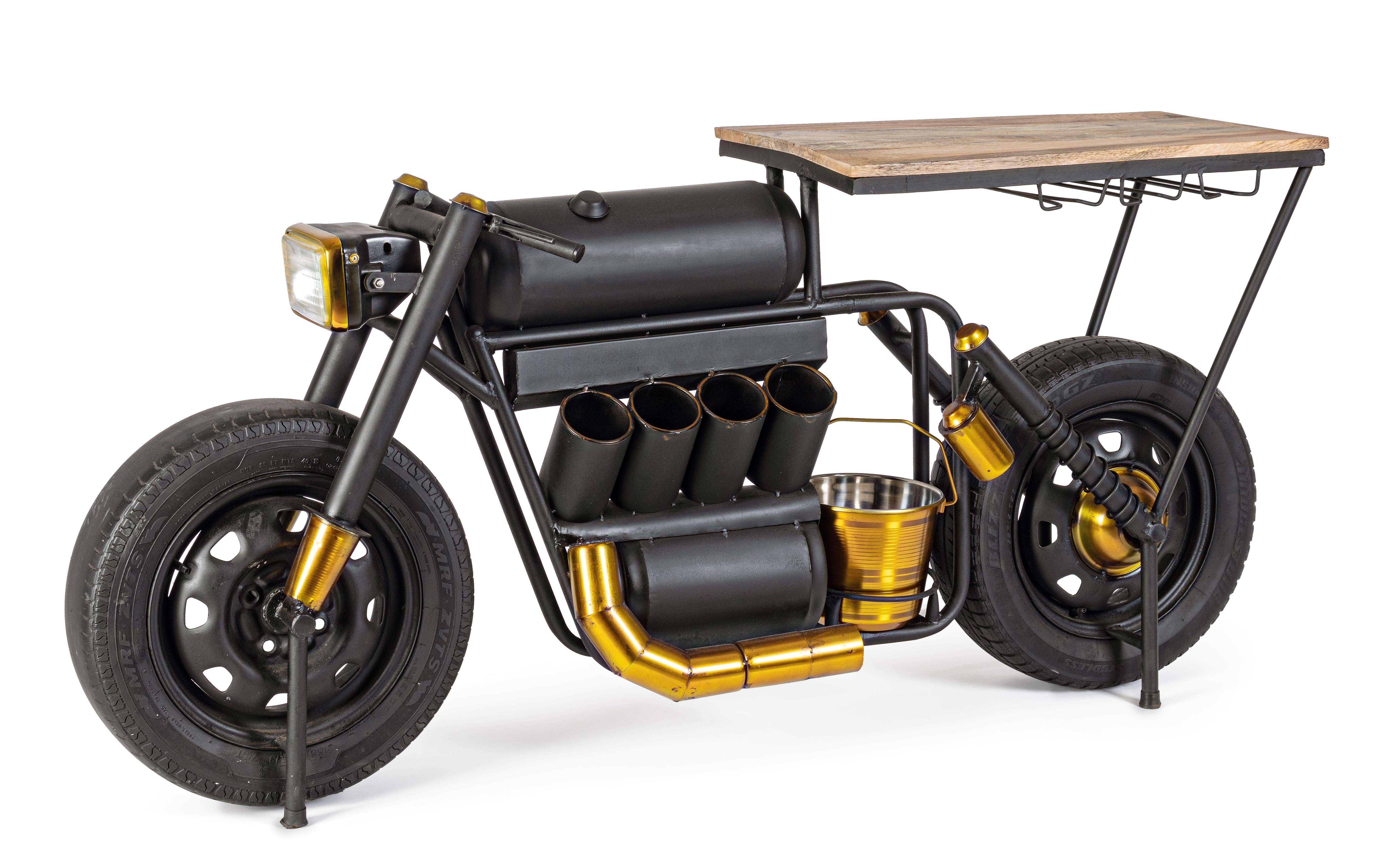Motorcycle-inspired bar table .