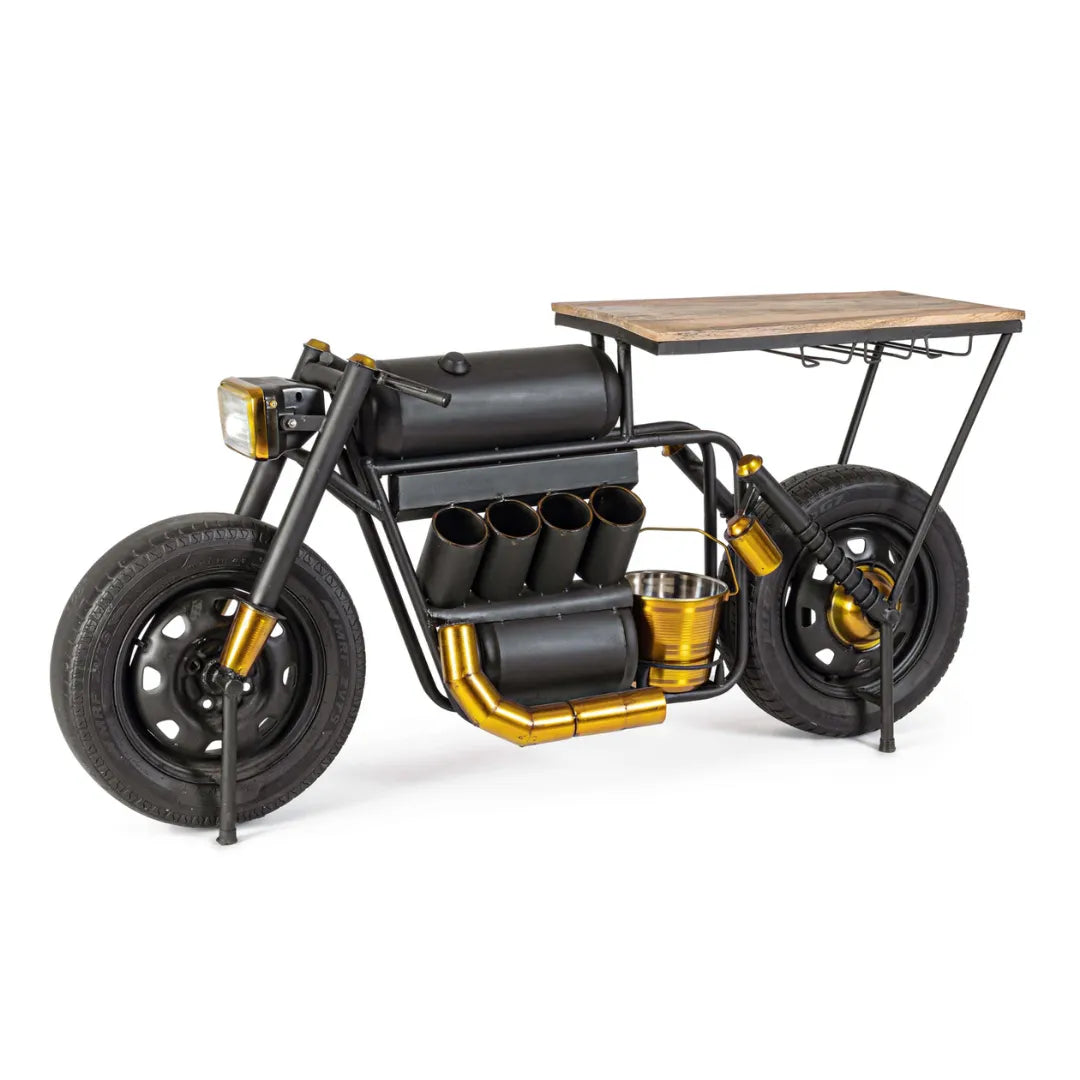 Vector bike bar console for riders with wooden finish and storage design, handcrafted by Foxfurn India