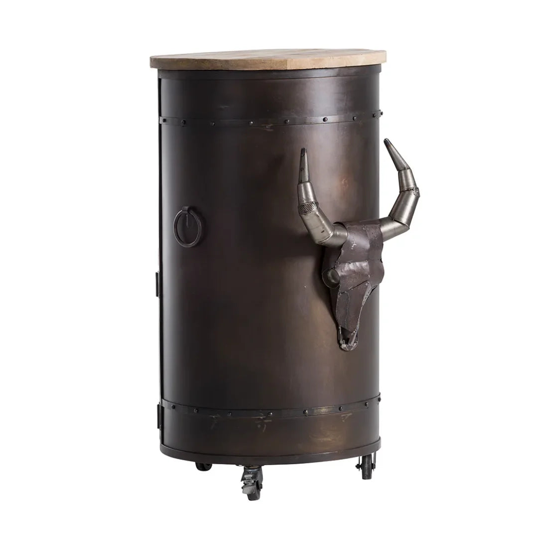 Round tank bull cart style bar cabinet with rustic wooden finish and storage space for bottles and glasses