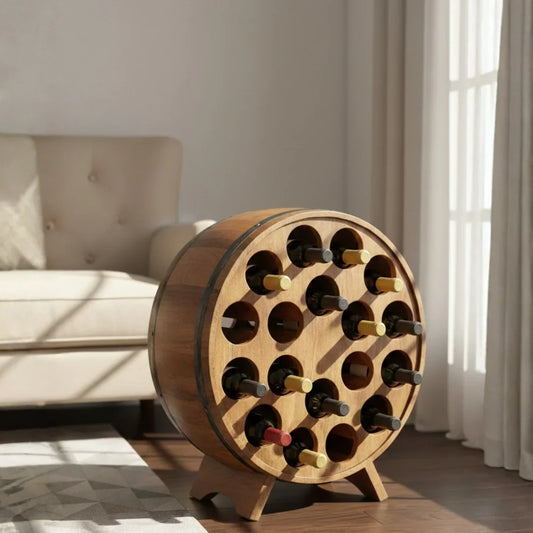 Industrial style round barrel bar cabinet for home bar setup