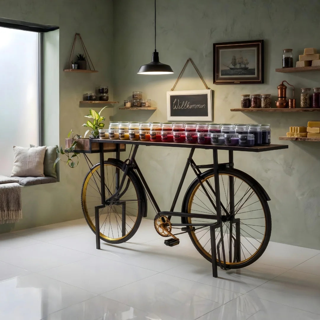 Cycle design living room console table with sleek metal frame and wooden top by Foxfurn model LBC-302