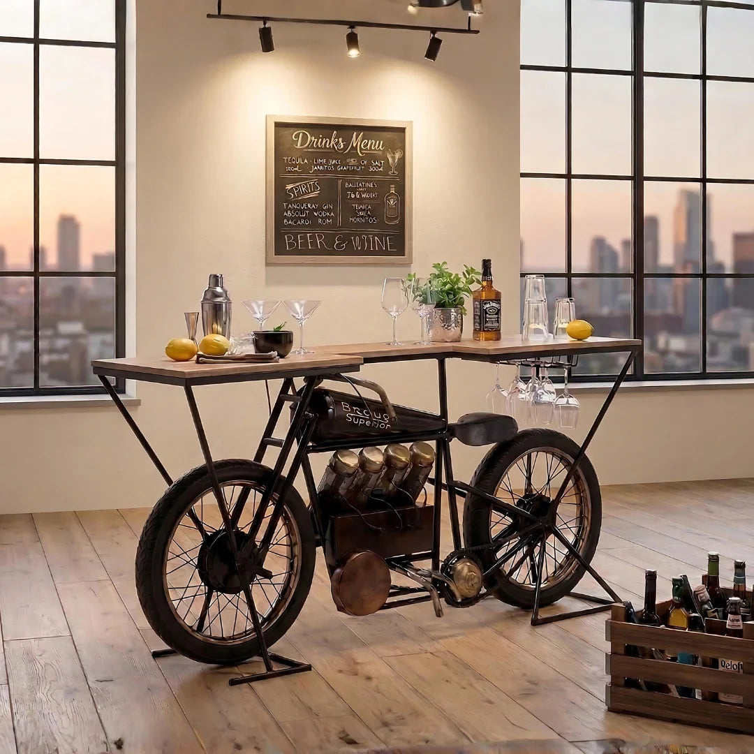 Brough bike wooden bar console table with vintage design and storage, perfect for stylish home bar setup