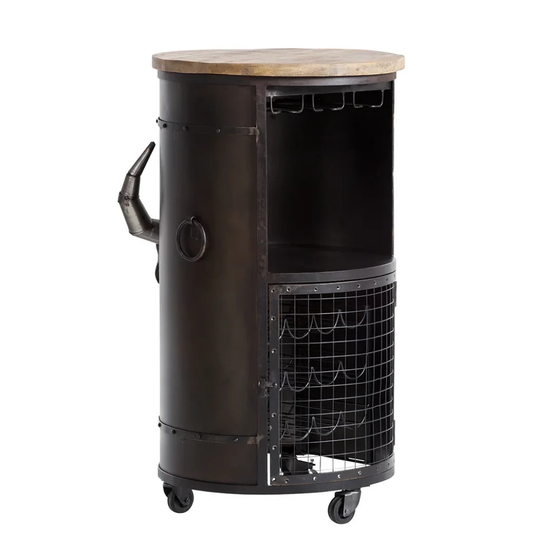 Round tank bull cart style bar cabinet with rustic wooden finish and storage space for bottles and glasses