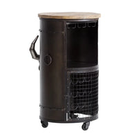 Round tank bull cart style bar cabinet with rustic wooden finish and storage space for bottles and glasses