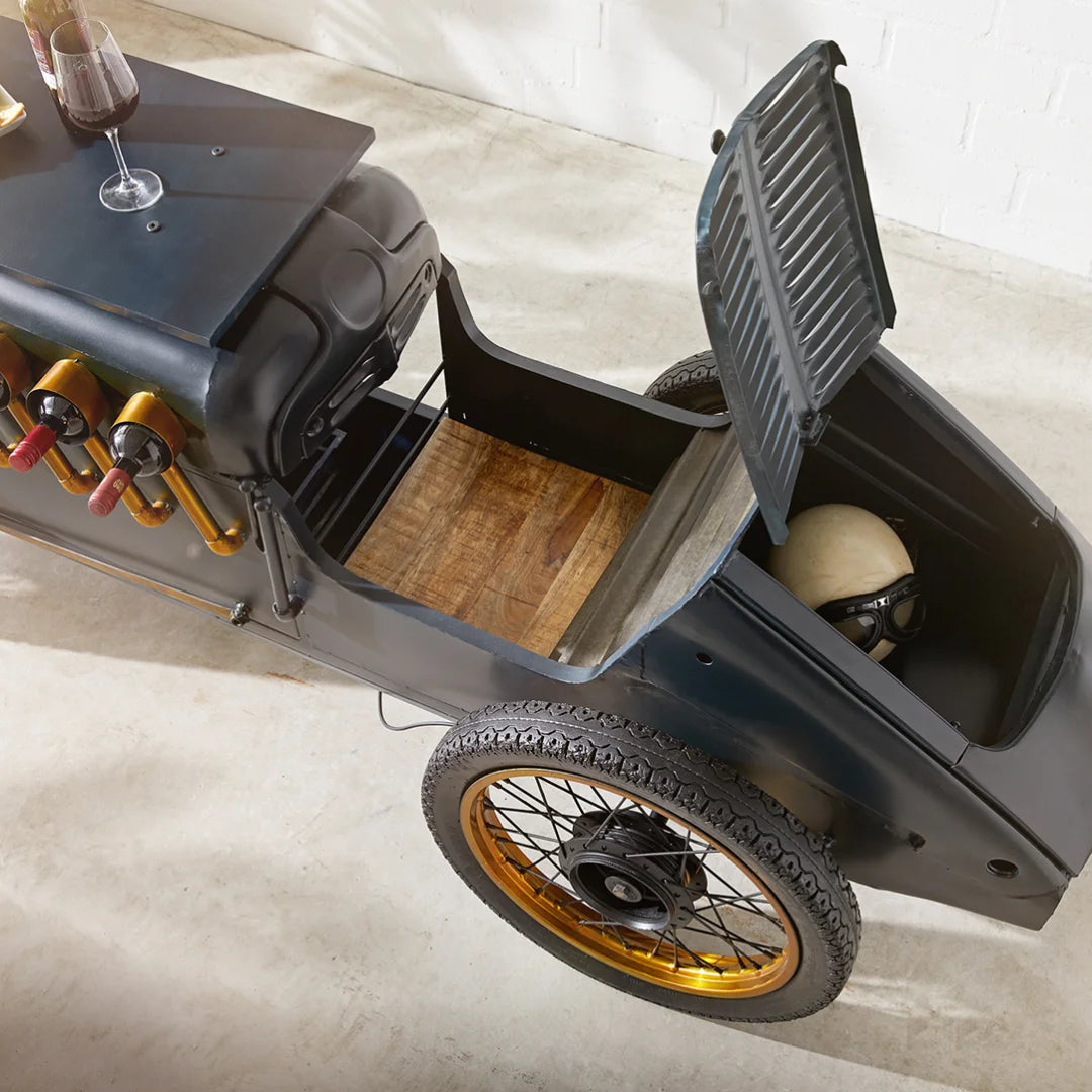 Timeless auto bar table for living room with vintage car design, storage shelves and premium finish by Foxfurn