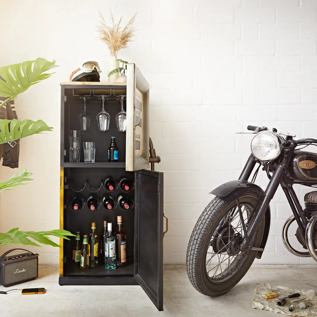 Vintage gas pump bar cabinet with storage shelves and retro design, handcrafted furniture by Foxfurn