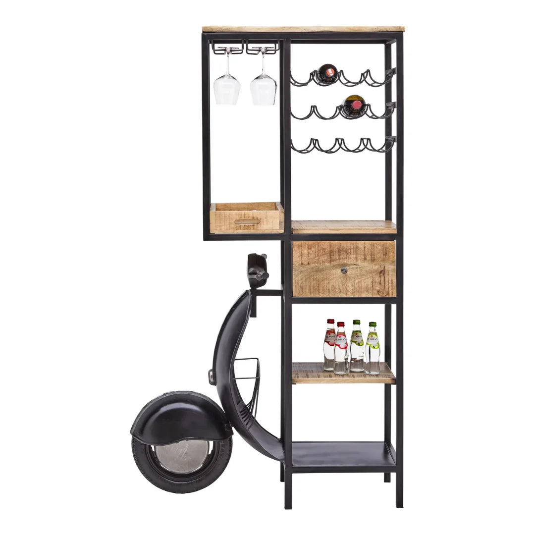 Vintage scooter design wall shelf with wooden storage compartments for stylish home decor by Foxfurn