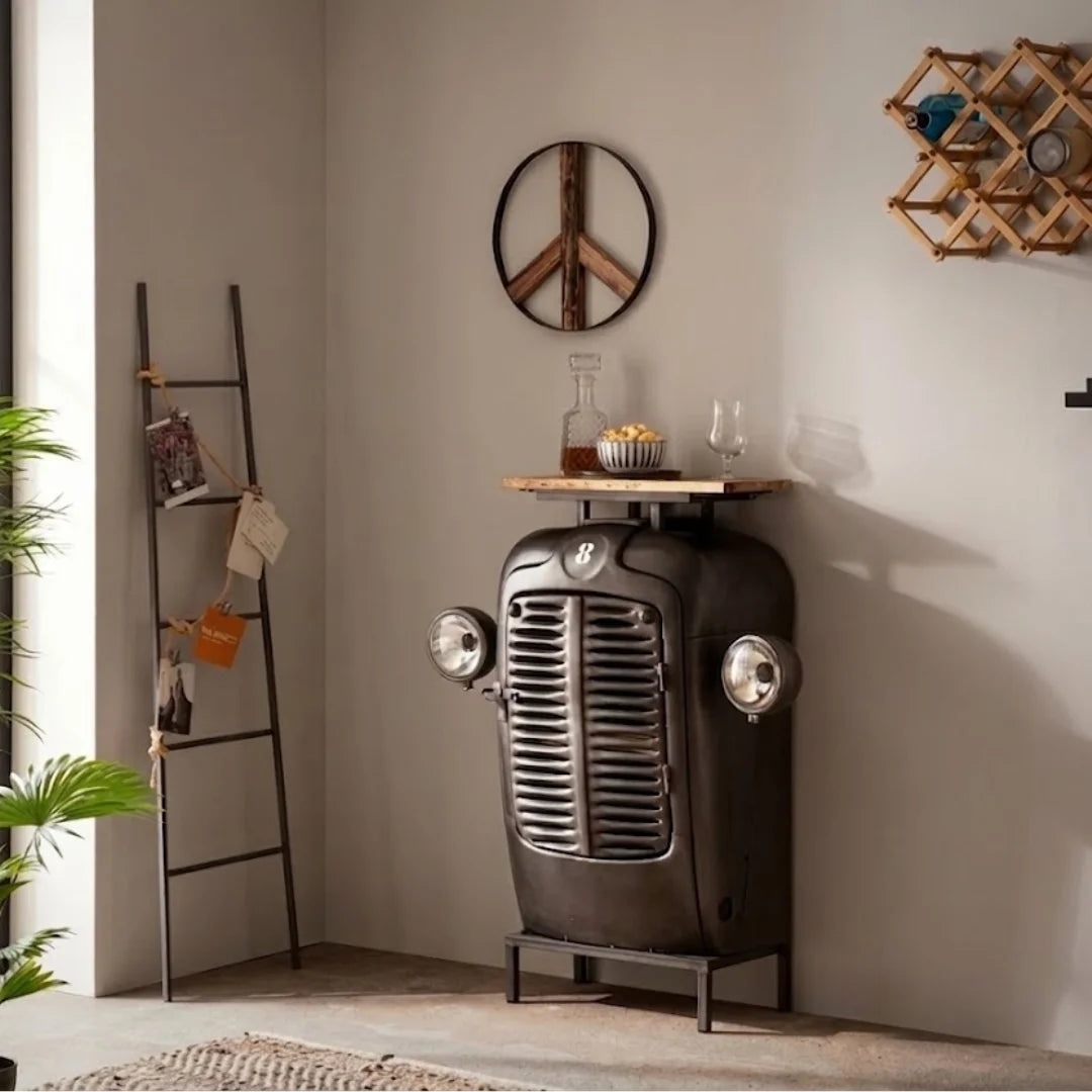  Vintage tractor style bar table with built in storage, perfect for stylish home bar setup and rustic decor