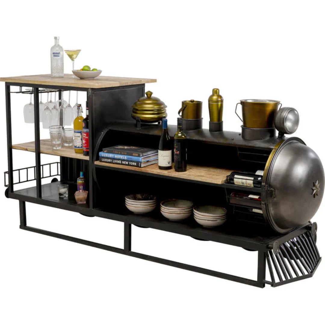 Railway engine inspired bar counter with industrial metal and wood finish, unique design by Foxfurn