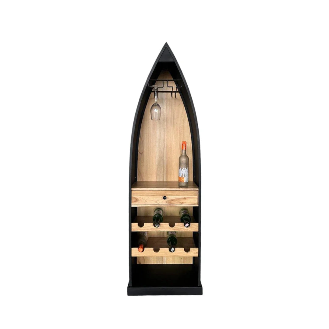 Vintage boat bar cabinet with rustic finish and bottle storage