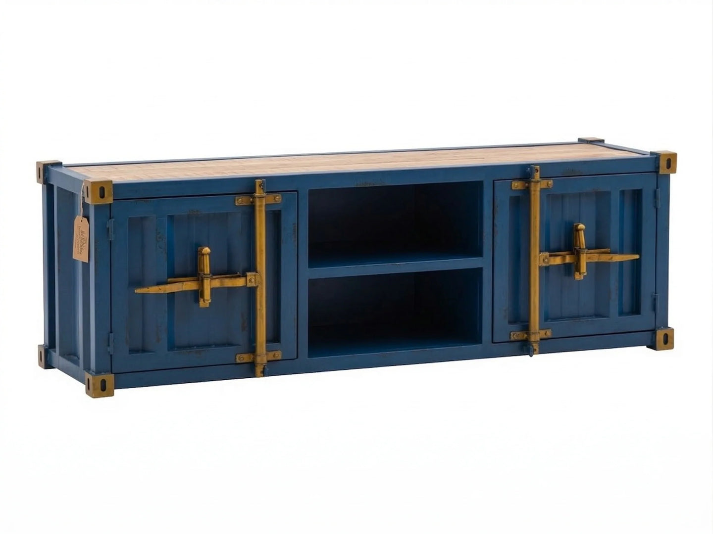 Rustic metal TV stand with container style finish and shelves
