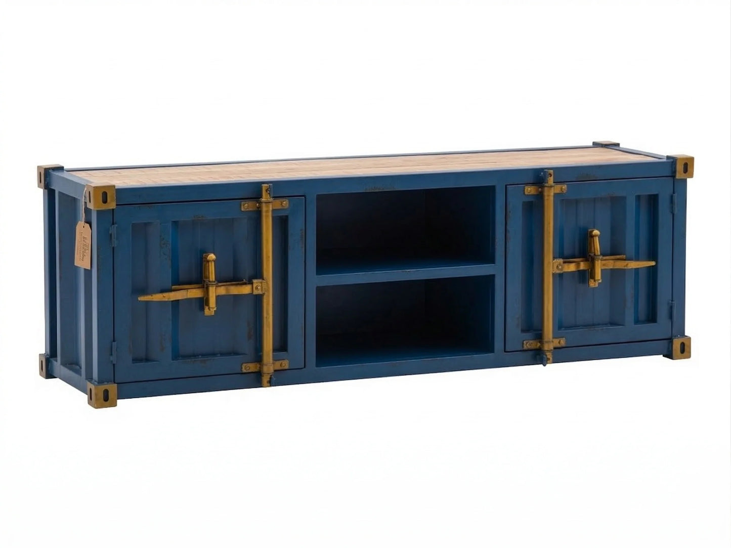 Rustic metal TV stand with container style finish and shelves