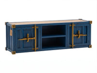 Rustic metal TV stand with container style finish and shelves