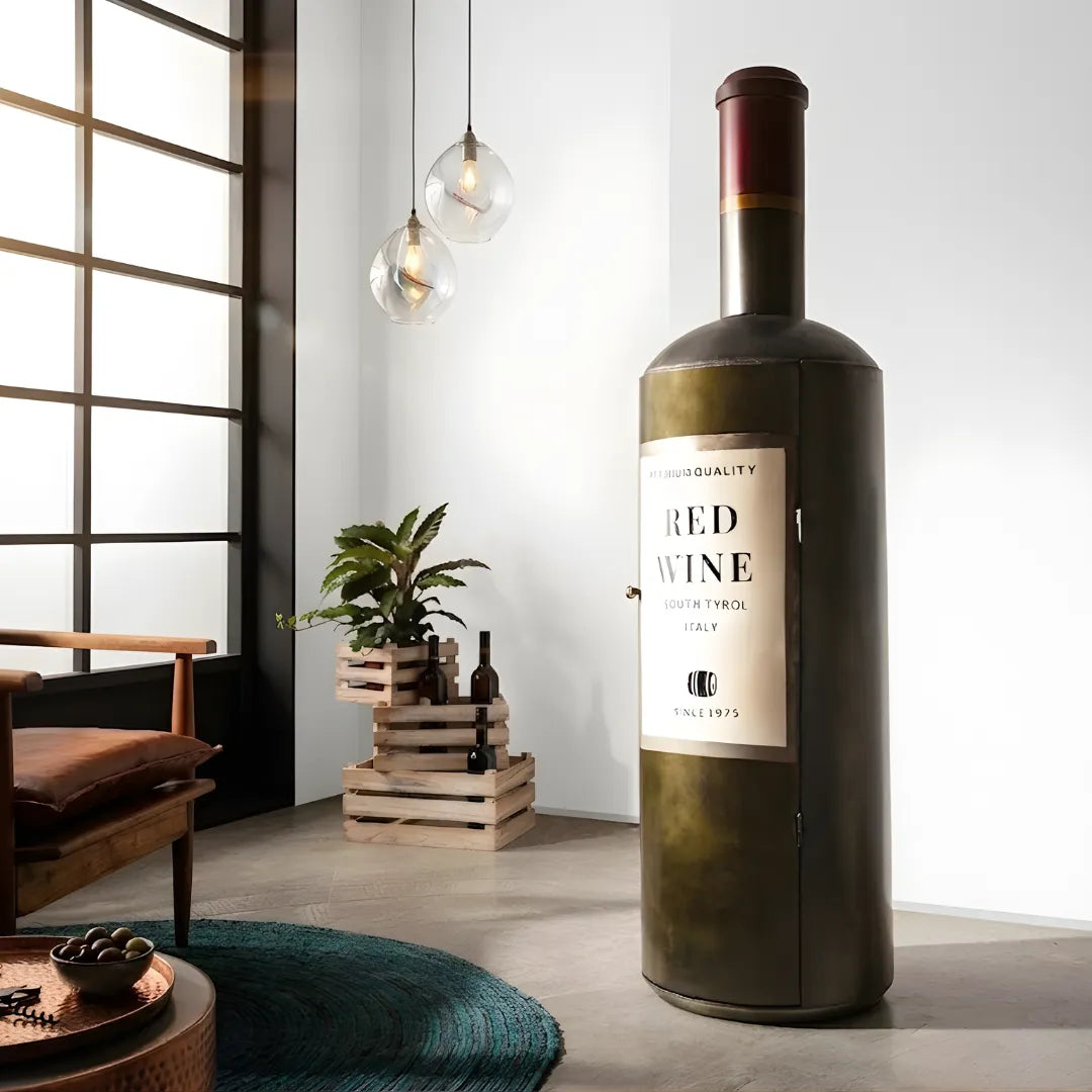 Wooden wine storage cabinet with multiple shelves for bottles and glasses, perfect for stylish home bar setup
