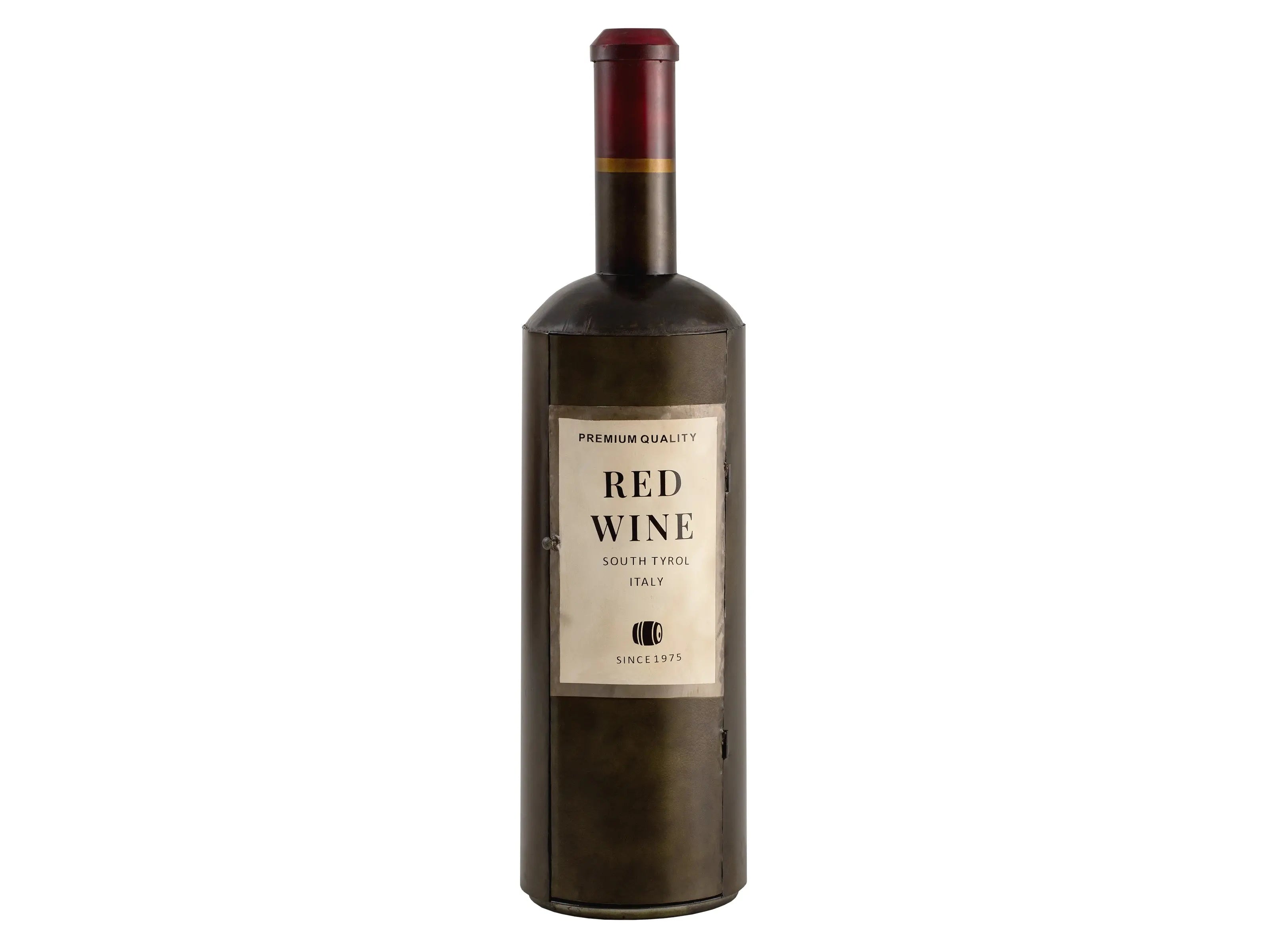 Red wine bottle with a label on a white background