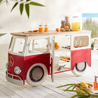 Mini bus style bar counter with storage shelves, wooden finish and unique design by Foxfurn