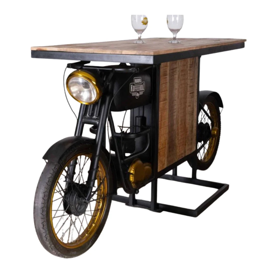 TMPH bike counter LMB-229 industrial style bar furniture with metal frame and wooden top by Foxfurn