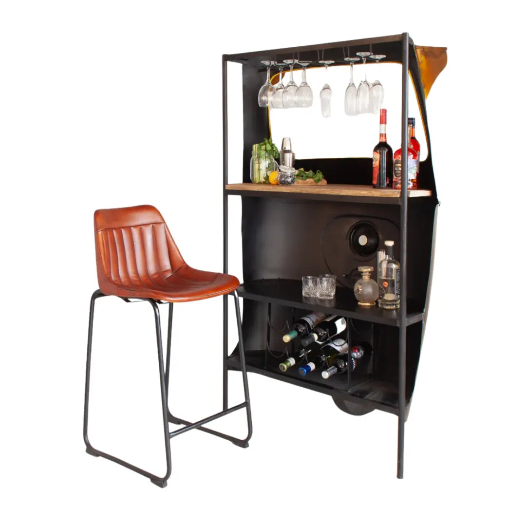Modern tuk tuk bar counter with storage and unique automobile design handcrafted by Foxfurn
