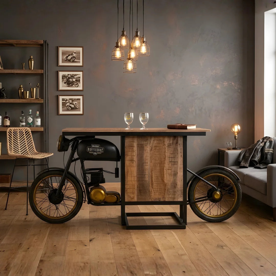 TMPH bike counter LMB-229 industrial style bar furniture with metal frame and wooden top by Foxfurn
