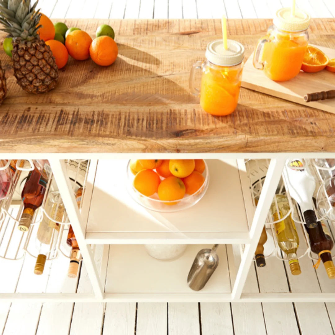 Mini bus style bar counter with storage shelves, wooden finish and unique design by Foxfurn