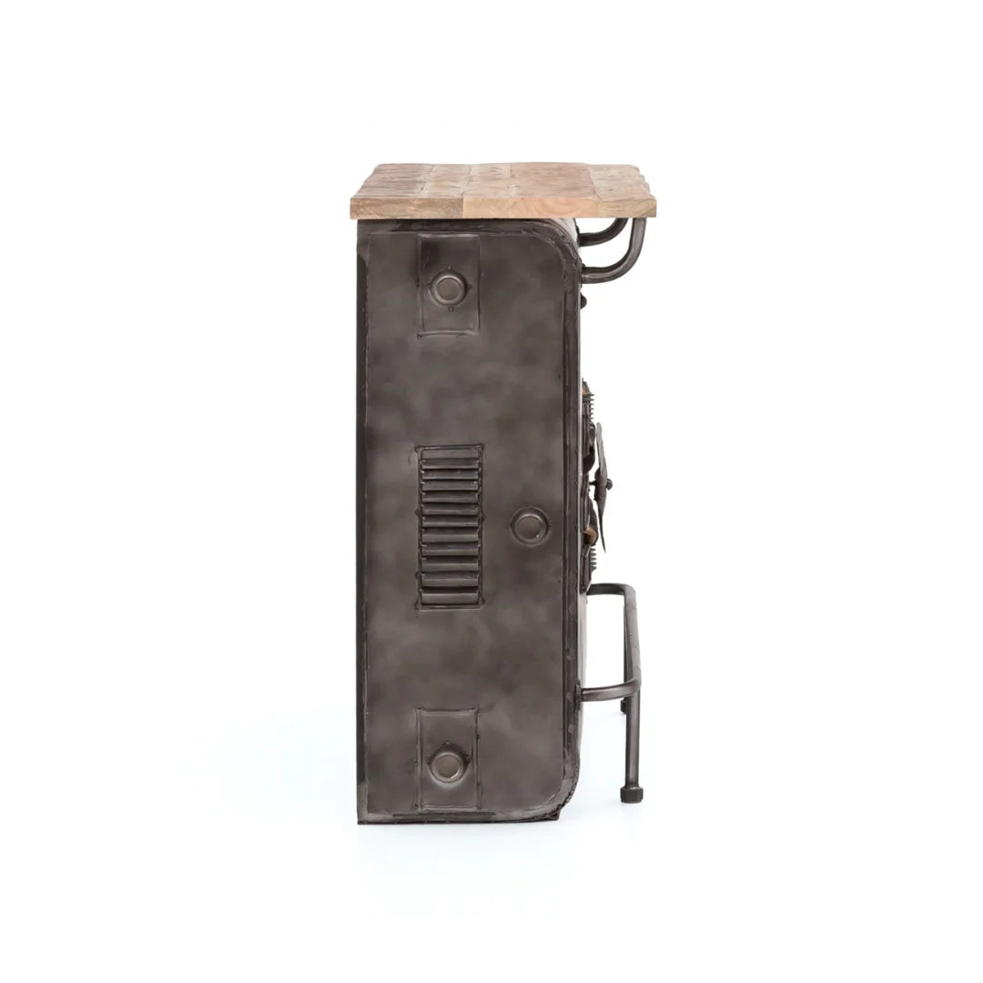 Alt Text: Vintage camera style bar counter with wooden finish and storage shelves, handcrafted by Foxfurn for home bars
