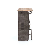 Alt Text: Vintage camera style bar counter with wooden finish and storage shelves, handcrafted by Foxfurn for home bars
