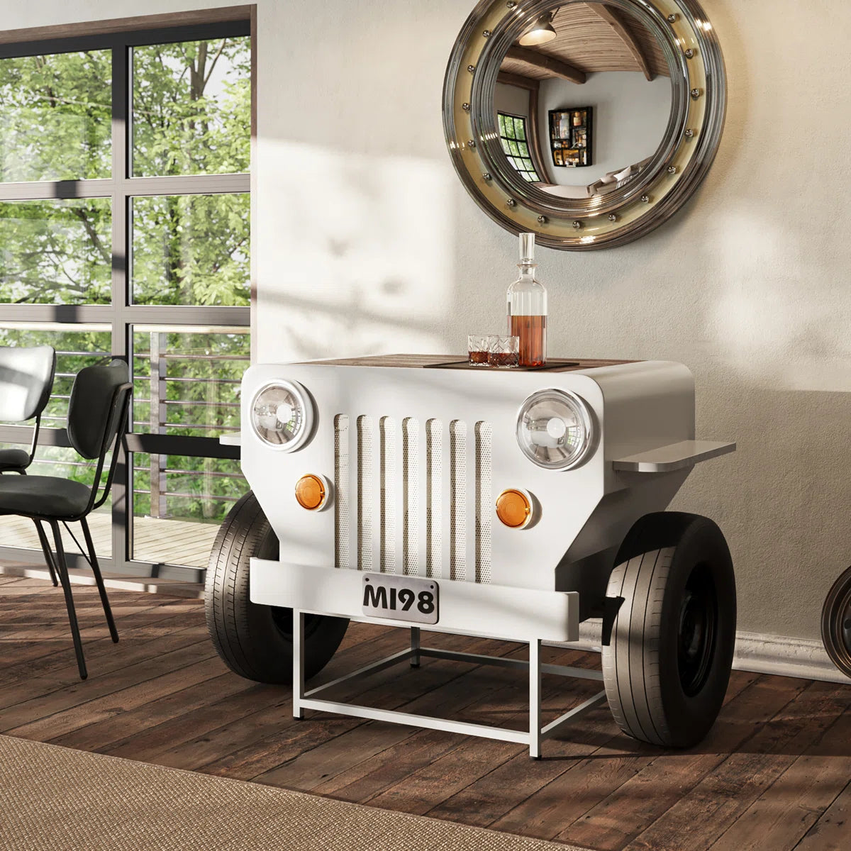 Jeep-inspired coffee table with large black wheels and a wooden surface.