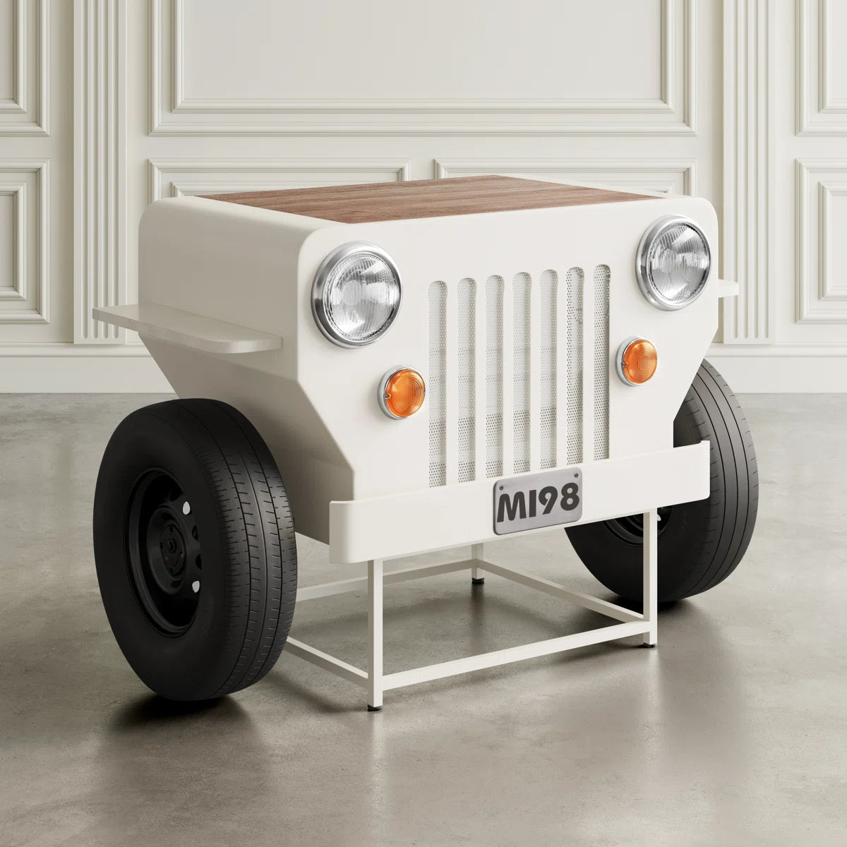 Coffee table shaped like a white jeep with wooden top.