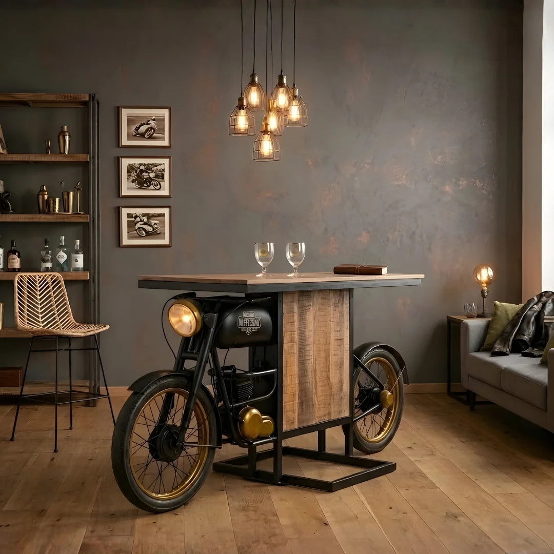 TMPH bike counter LMB-229 industrial style bar furniture with metal frame and wooden top by Foxfurn