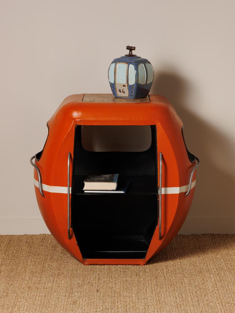 Orange industrial metal side table with open shelf and white stripe