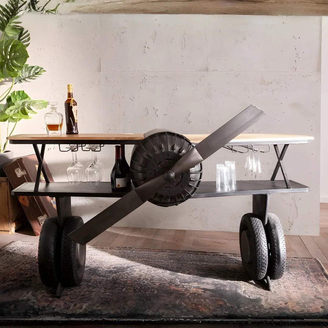 Luxury fighter plane bar counter with metallic finish and storage compartments handcrafted by Foxfurn