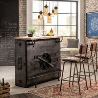 Alt Text: Vintage camera style bar counter with wooden finish and storage shelves, handcrafted by Foxfurn for home bars
