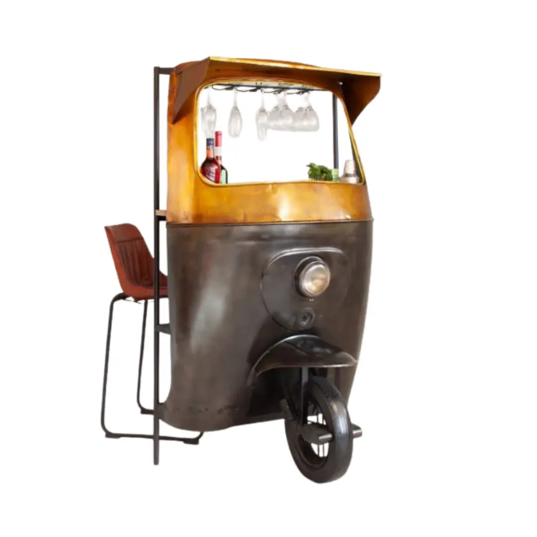 Modern tuk tuk bar counter with storage and unique automobile design handcrafted by Foxfurn
