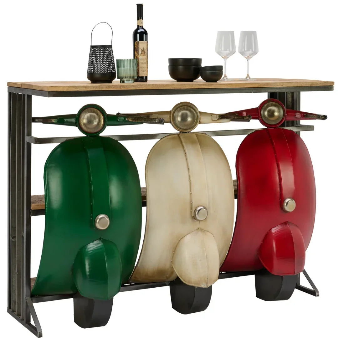 Parked scooter bar counter with wooden top and storage shelves, vintage design by Foxfurn LSC-01