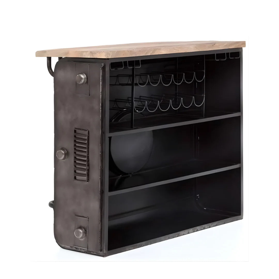 Alt Text: Vintage camera style bar counter with wooden finish and storage shelves, handcrafted by Foxfurn for home bars
