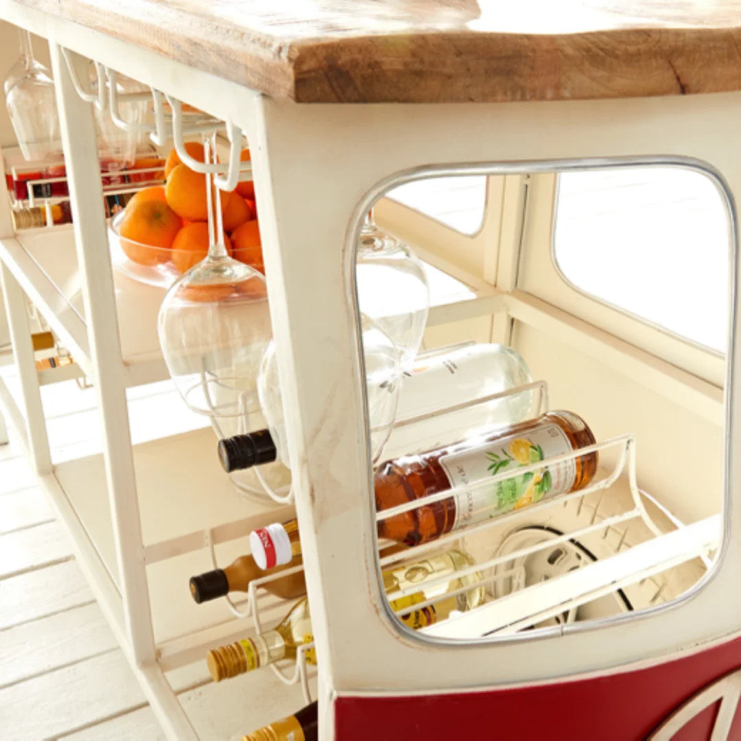 Mini bus style bar counter with storage shelves, wooden finish and unique design by Foxfurn